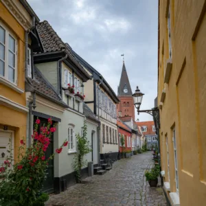 typical street in denmark aalborg with red yellow and blue houses and church